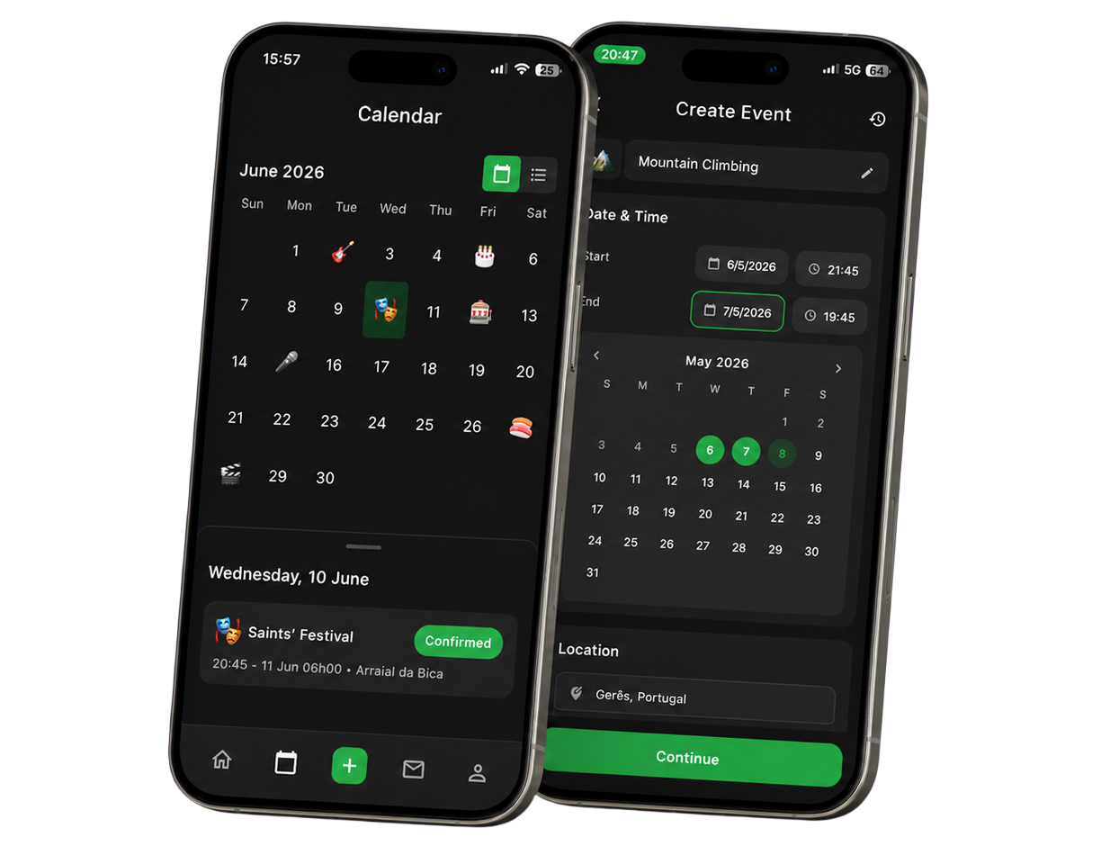 Lazzo app — calendar and create event screens