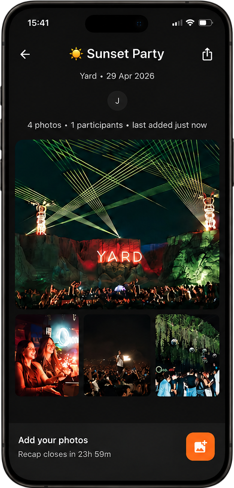 Lazzo recap screen — auto-generated photo mosaic